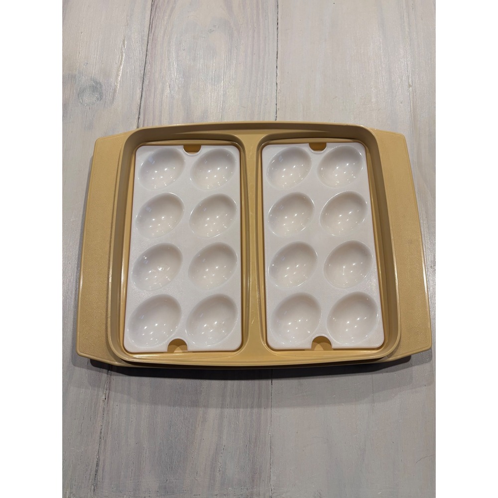 Vintage Tupperware Harvest Gold Deviled Egg Carrier Tray‎ 2 Inserts 722 723 USA